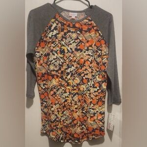 NWT Lularoe Randy Blue Orange Coral Cream Geometric w/ Gray Sleeve Size XL